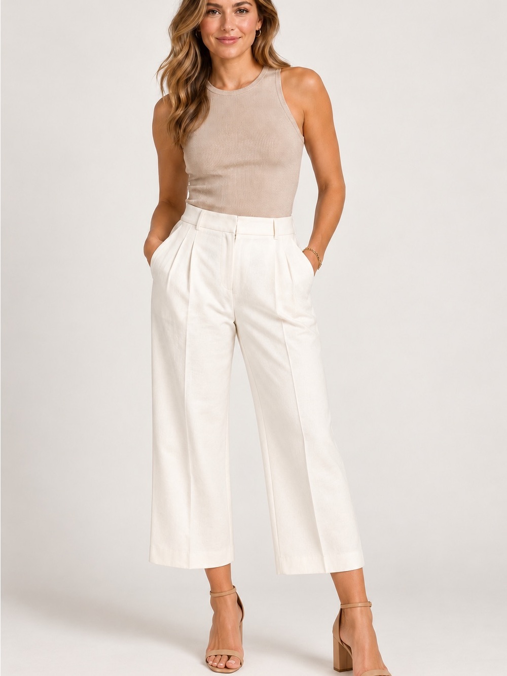 Christian Lacroix Cream Wide-Leg Pleated Cropped Trousers, size 8